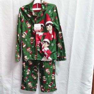 Elf on the Shelf Coat all-over print green pajama set with Christmas style.